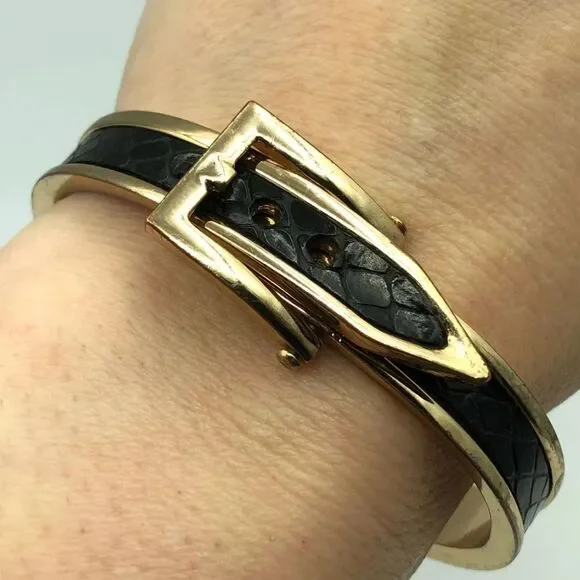 Vintage Black Belt Cuff Buckle Bracelet 2 1/2" - Picture 1 of 6